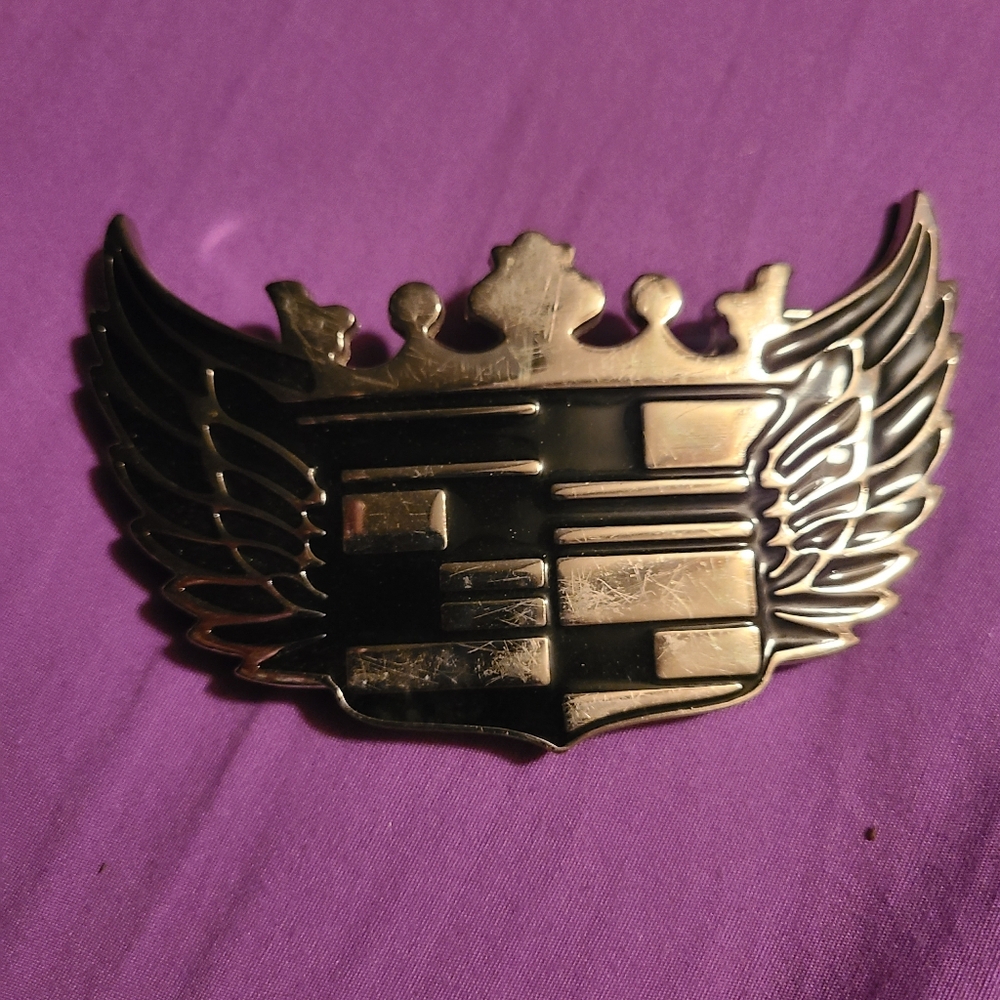 Belt Buckle Winged Cadillac Emblem Vintage Chrome Black Enamel